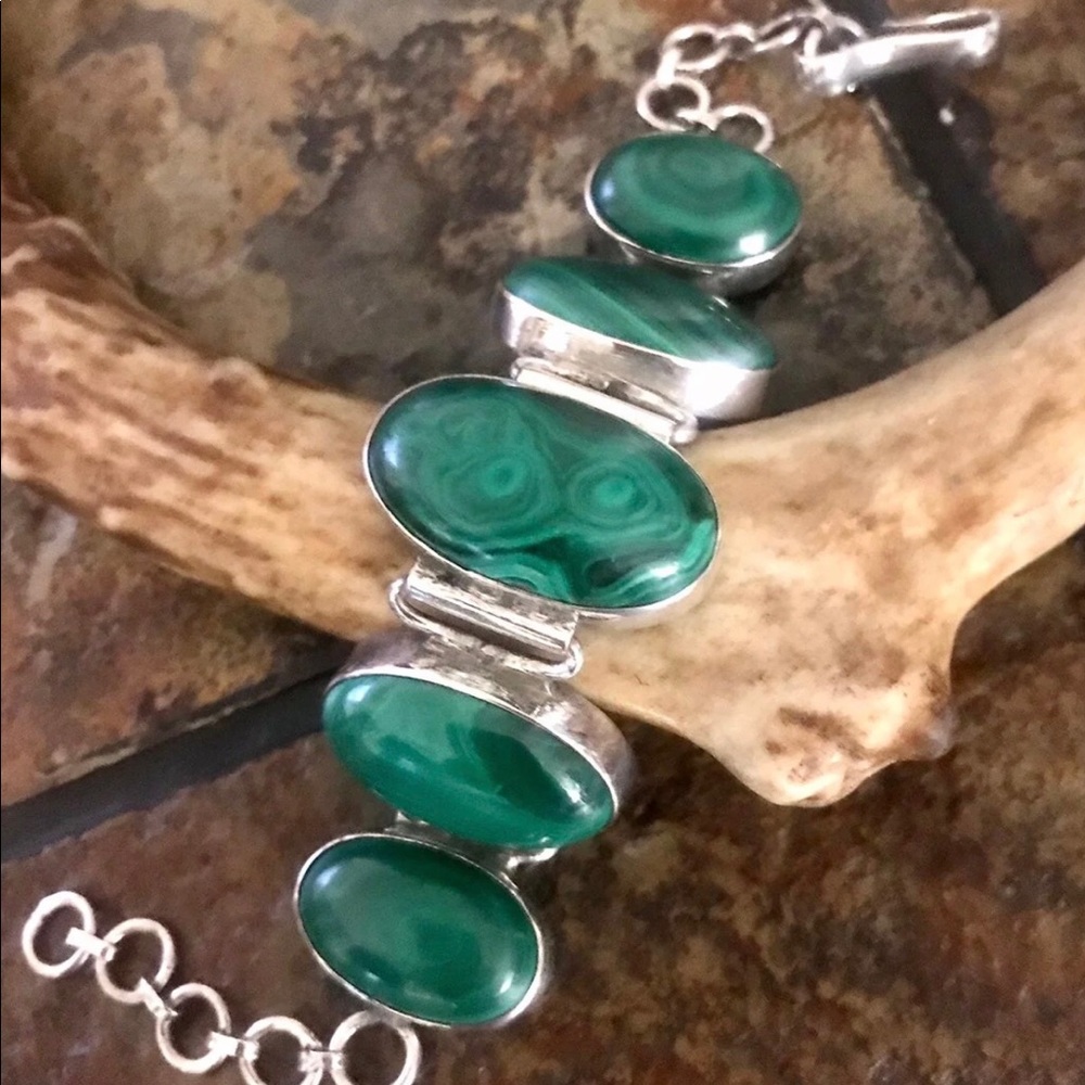 Vintage Solid & Heavy Malachite Sterling Bracelet